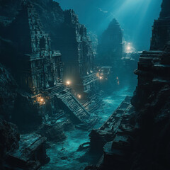 Underwater Ancient Temple Ruins Surrounded by Mysterious Darkness and Rays of Light Emitting from the Surface of the Deep Ocean