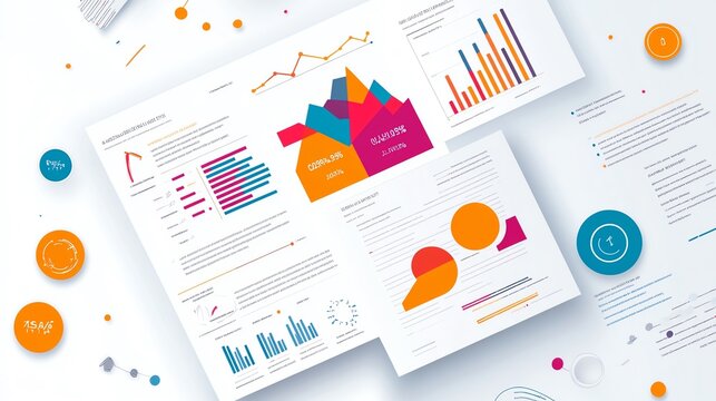 Colorful graphs, charts, and data visualizations arranged on a clean workspace table for analysis and presentation.