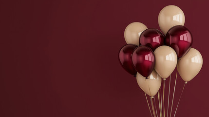 shiny maroon and beige ballons on the right  isolated on matte maroon background