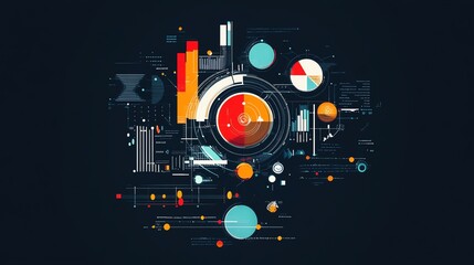 Obraz premium Colorful digital composition showcasing abstract shapes and data visualization elements in a modern design.