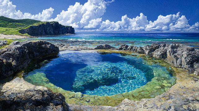 Vibrant blue tide pool on rocky coast.