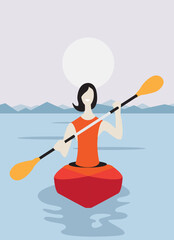 Woman in a Kayak with Mountains in the Background