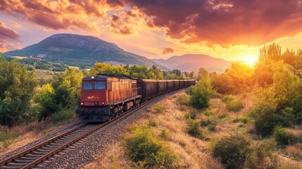Fototapeta premium Majestic Sunset Train Journey Through Serene Landscape with Mountains in Background, Capturing the Beauty of Nature and Industrial Movement at Dusk