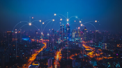 Obraz premium Smart digital city with connection cyber security network reciprocity over the cityscape . future smart wireless digital city and social media networking systems that connects people within the city
