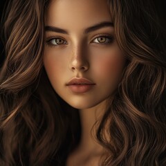 Fototapeta premium A stunning beauty portrait of a young brunette woman, highlighting her natural attractiveness and elegance.