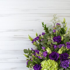 A stunning bouquet of purple and green flowers is elegantly displayed in front of a white wooden wall, with ample copy space for additional text or graphics.