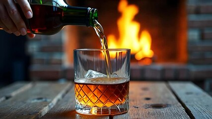 Pouring Whiskey into a Glass by a Cozy Fireplace