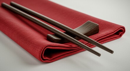 Pair of Traditional Wooden Chopsticks Resting on a Red Silk Napkin