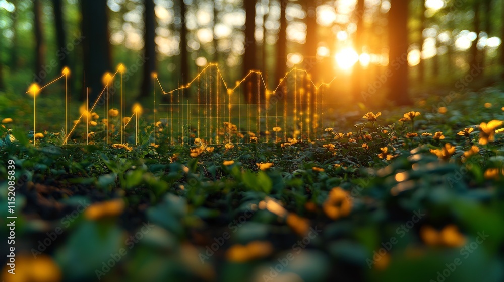 Fototapete Sunlight filters through trees in a forest, illuminating a bed of vibrant flowers and projecting a data graph above the ground. The scene captures the harmony of nature and technology.
