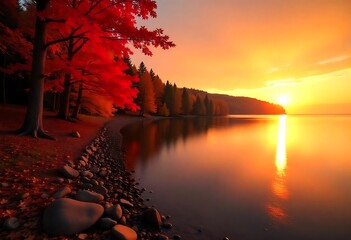 Autumn-colored trees along the beach, reflected in the water of Lake Superior in the Terrace Bay region of Ontario, Canada.
