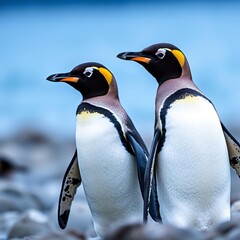 Fototapeta premium bokeh blue of Two magellanic penguins and sea water bokeh at the background abstract bokeh light background bright 