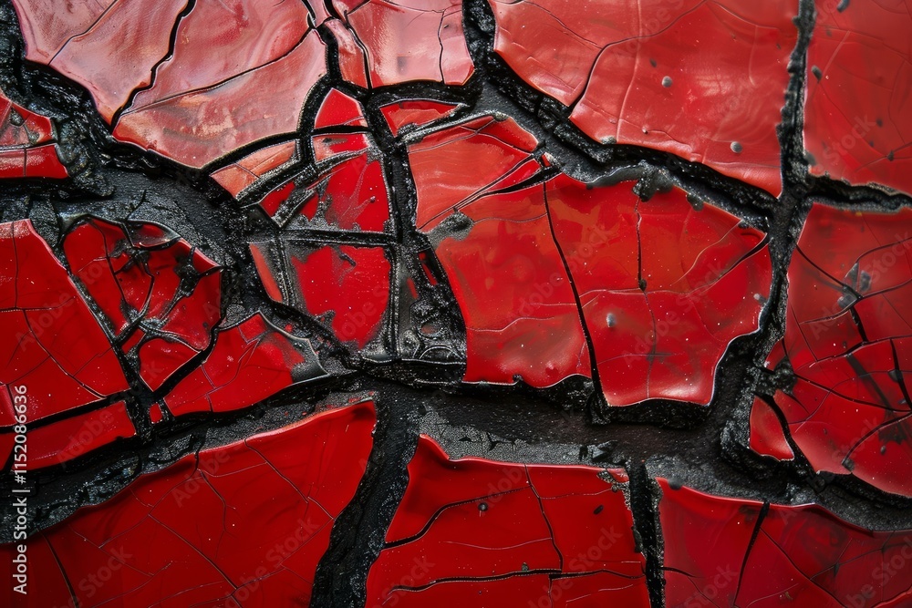 Poster close up view of cracked and peeling red paint, creating an abstract textured background