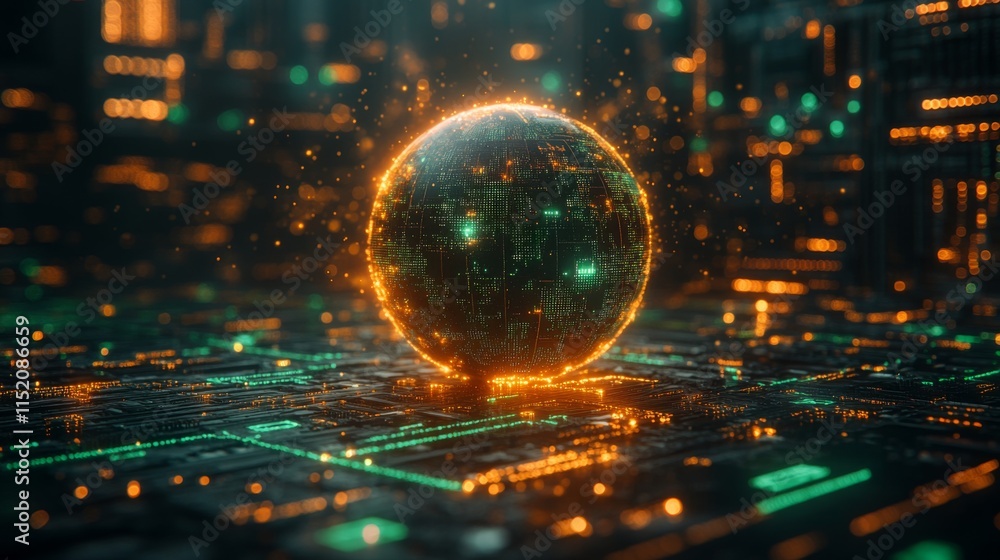 Fototapete A luminous globe composed of digital elements rests on a circuit board illuminated with vibrant colors. This artwork represents advancement in technology and interconnectedness.