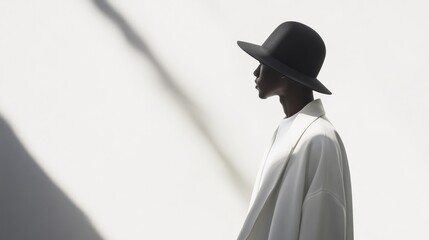 A woman wearing a black hat and white jacket stands in front of a white wall