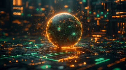 Obraz premium A luminous globe composed of digital elements rests on a circuit board illuminated with vibrant colors. This artwork represents advancement in technology and interconnectedness.