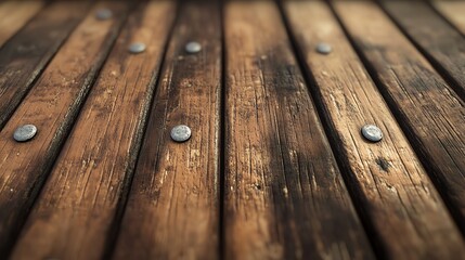 Close-up of weathered wooden planks with metal nails, showcasing rustic textures and craftsmanship.