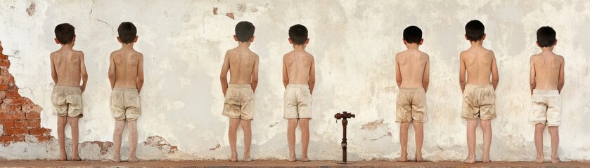 A Group of Young Boys Standing Against a Weathered Wall in Minimal Clothing, Capturing a Moment of Childhood Innocence and Vulnerability in an Urban Environment