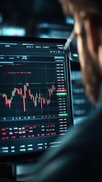 Man analyzing stock market charts on dual monitors for a trading decision.