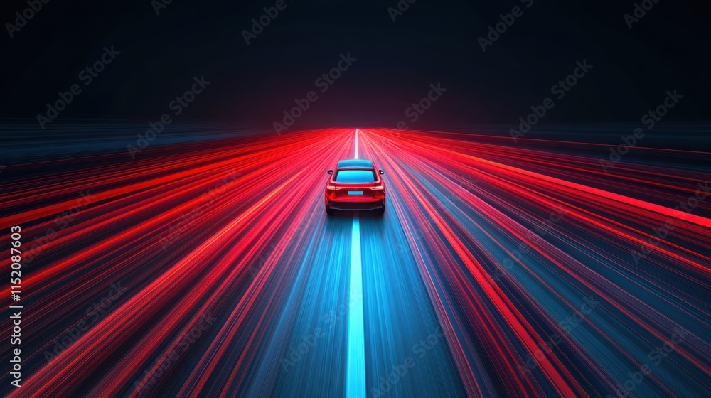 Poster futuristic view of a car driving on a high-speed road with bright light trails in red and blue creat
