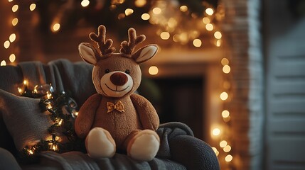 Plush reindeer toy sits on armchair by fireplace with Christmas lights.