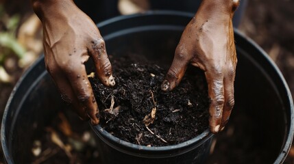 Obraz premium African adult hands gardening with rich soil in black pot