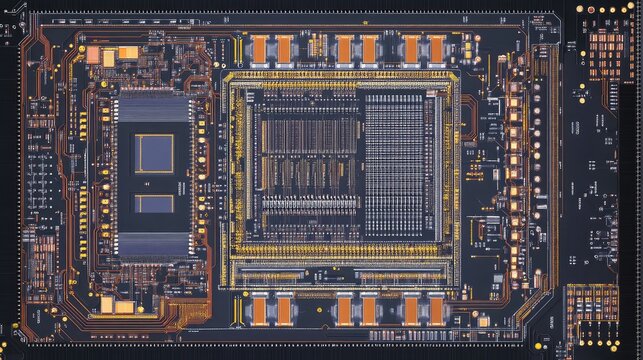 A computer-generated layout of a microchip's internal structure, displaying transistors and capacitors interconnected in precision