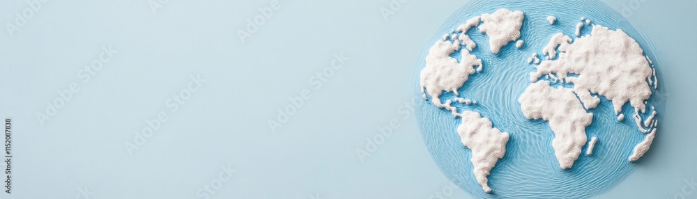 Poster creative representation of a three-dimensional world map with textured ocean and land features on a 