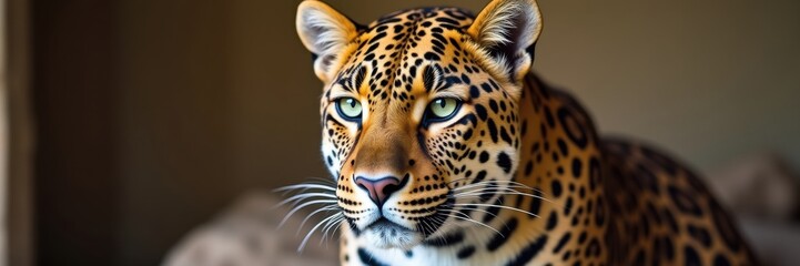 Obraz premium A Striking Portrait of a Leopard With Intense Green Eyes and Bold Black Spots Against a Soft Blurred Background