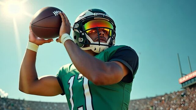 American Football Quarterback Throwing a Pass on a Sunny Game Day