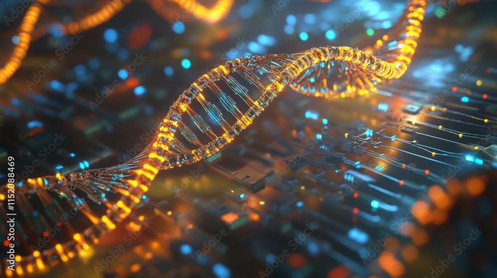 Poster This visual represents the blend of biotechnology and artificial intelligence, showcasing a digital DNA strand intertwined with computer circuitry.