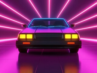 Fototapeta premium Retro Car with Neon Lights in a Futuristic Background, Radiating Vibrant Colors and Bold Geometry, Perfect for 80s Inspired Themes and Creative Projects