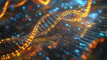 This visual represents the blend of biotechnology and artificial intelligence, showcasing a digital DNA strand intertwined with computer circuitry.
