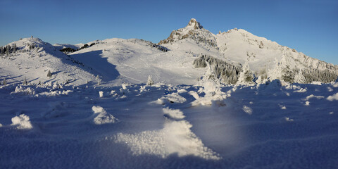 Scenic mountain view panorama of Ciucas Mountains in winter landscape forest covered with snow and ice after a night with temperatures below zero degrees. Nature photography. © Silviu