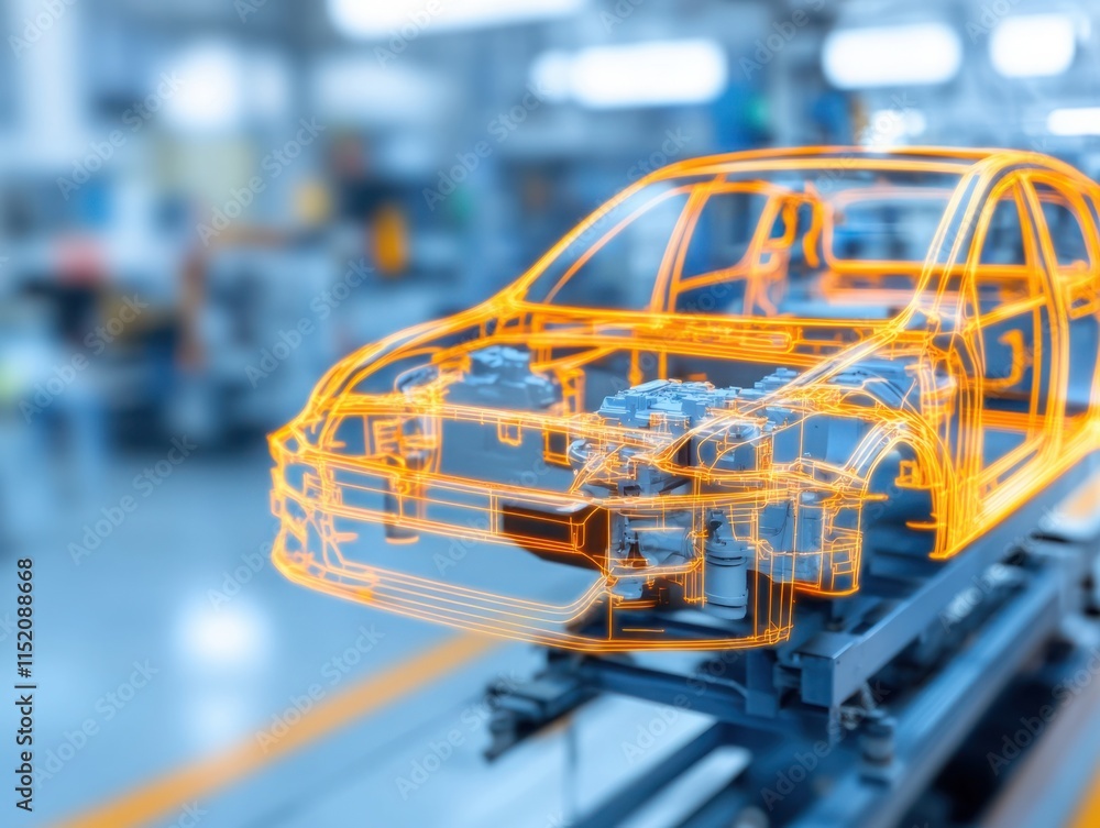 Poster futuristic view of transparent vehicle model on production line showcasing advanced engineering and 