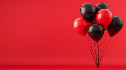 shiny black and red ballons on the right isolated on matte red background