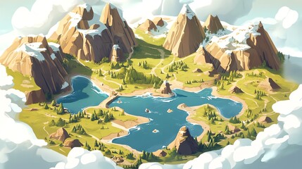 Breathtaking aerial view of a serene lake surrounded by majestic mountains and lush greenery under a clear sky.