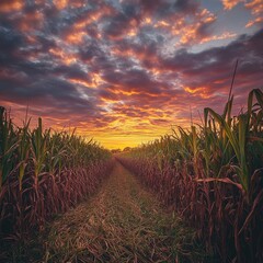 Fototapeta premium A sugarcane field under a cloudy sky at sunset, capturing the rich textures of the tall sugarcane plants against the dramatic, colorful sky.