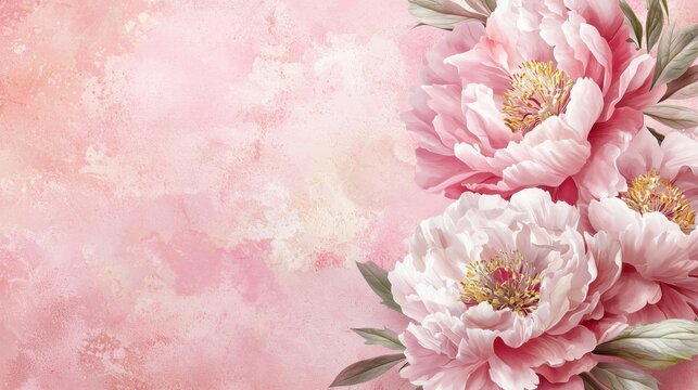 Tender peonies on pink background with copy space. Abstract natural floral frame layout with text space. Romantic feminine composition. Wedding invitation. International Women day, Mother Day concept