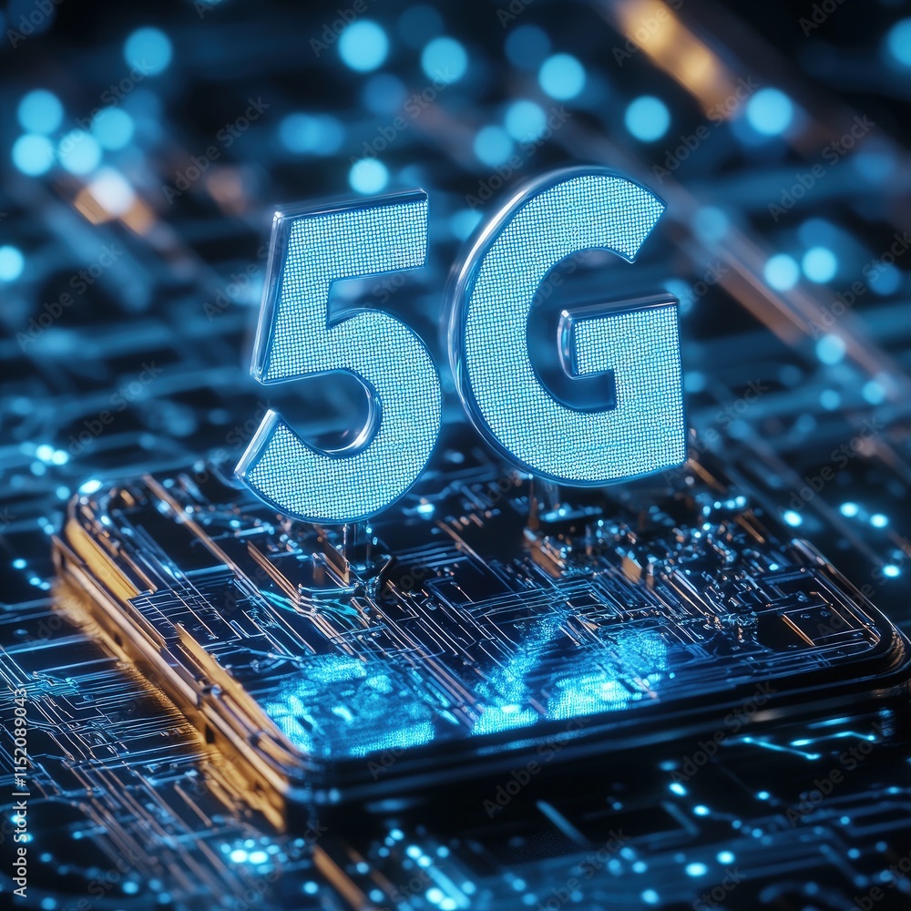 Poster a 3d rendering of a glowing 5g logo on a circuit board. ideal for illustrating the speed and power o