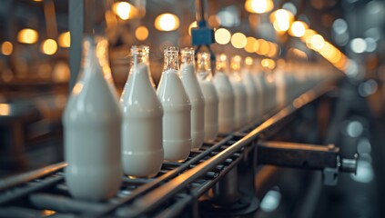 Streamlined production of fresh milk bottles in a modern dairy facility. Efficient processing with glowing lights reflects a busy manufacturing environment.