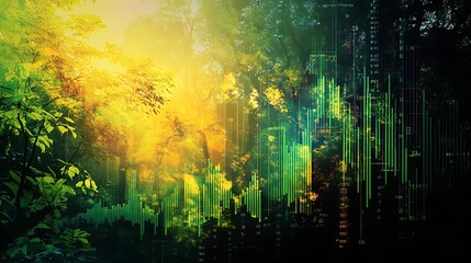 Sunlit forest scene overlaid with abstract financial data charts.