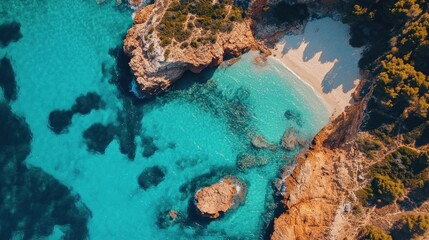 Fototapeta premium Aerial view of a serene beach surrounded by rocky cliffs and clear turquoise waters.