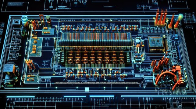 A computer-generated layout of a microchip's internal structure, displaying transistors and capacitors interconnected in precision