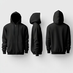 Blank black hoodie mockup front side and back views. Empty sweatshirt with zipper for design presentation. Casual urban wear apparel template