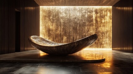 Fototapeta premium A large, curved object is sitting in a room with a gold wall