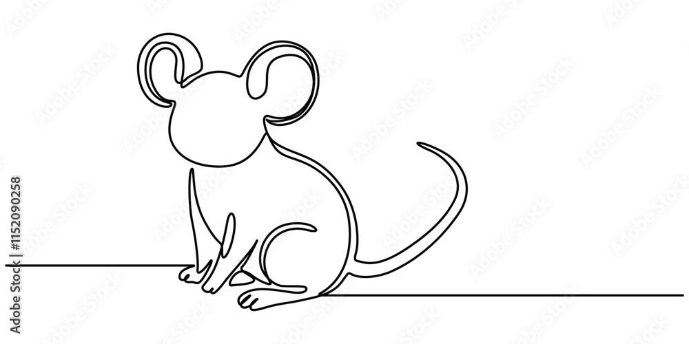 Poster Abstract rat,mouse,continuous one line art hand drawing sketch, Mouse in continuous line art drawing style. Cute small mouse rodent black linear design isolated on white background. Pro Vector.