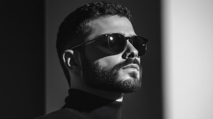 Fototapeta premium A man with a beard and glasses is wearing a black shirt