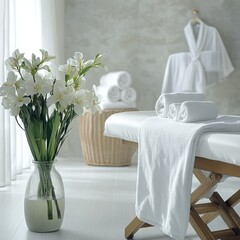 A tranquil spa scene featuring stones, flowing water, candles, and flowers in a garden setting.