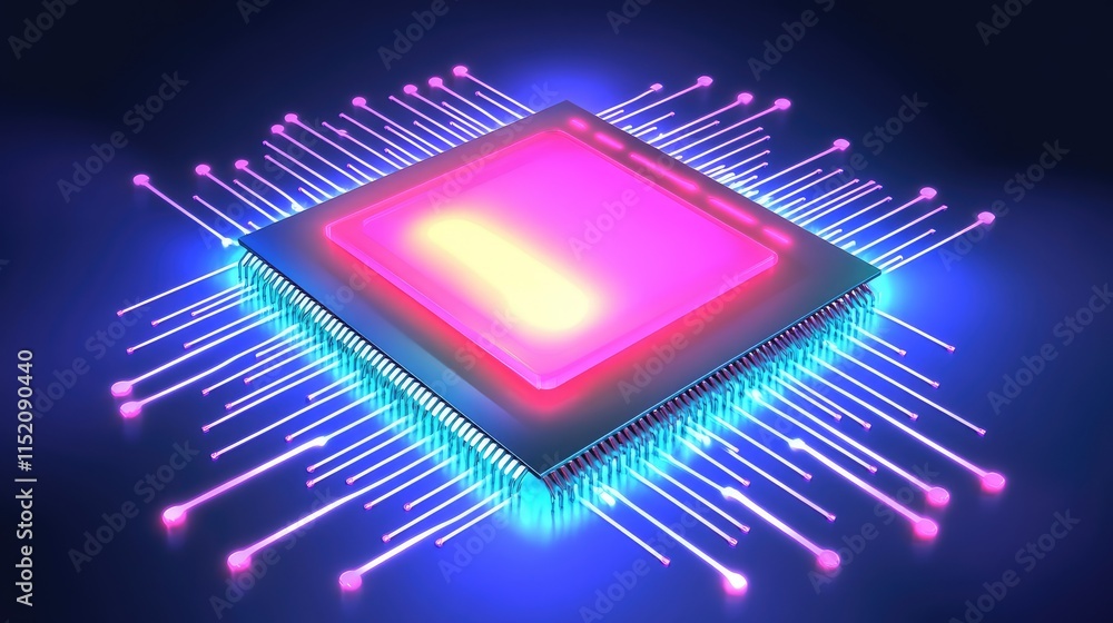 Poster a conceptual design of a microchip circuit board, featuring glowing holographic pathways representin