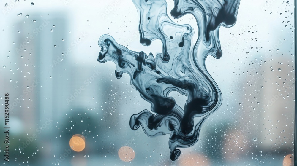 Poster black ink slowly dripping down a smooth glass surface, creating intricate trails and patterns